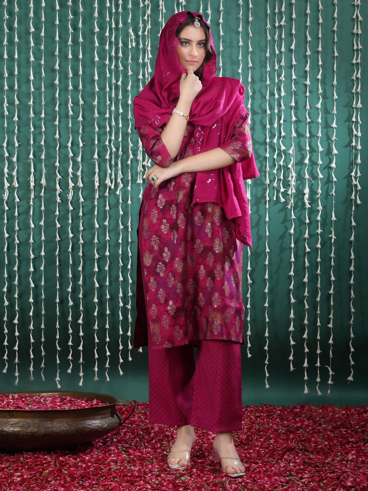Women Ethnic Motifs Printed Regular Thread Work Kurta with Trousers & With Dupatta